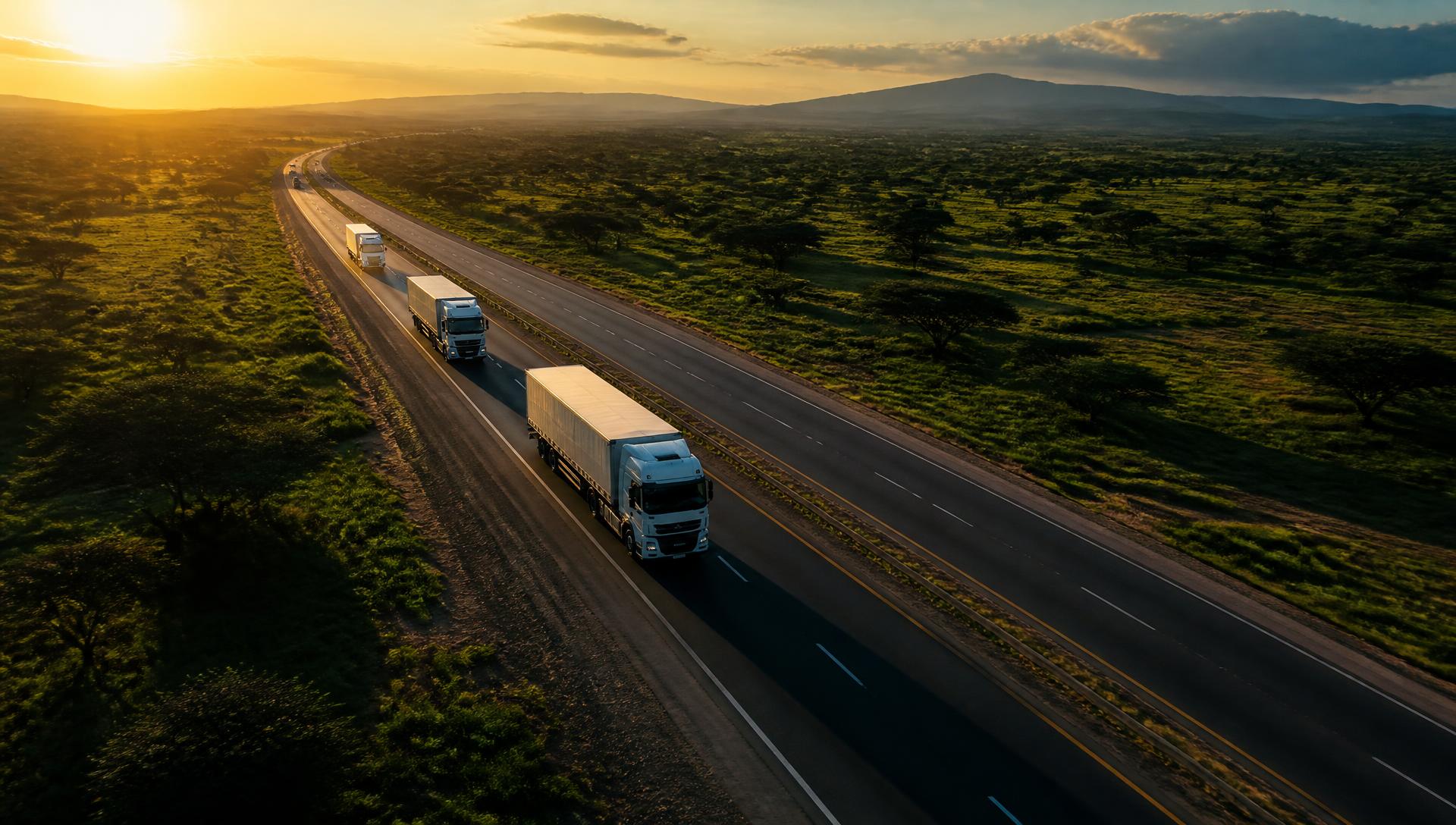 Cargo trucks travelling on a modern African highway at sunrise