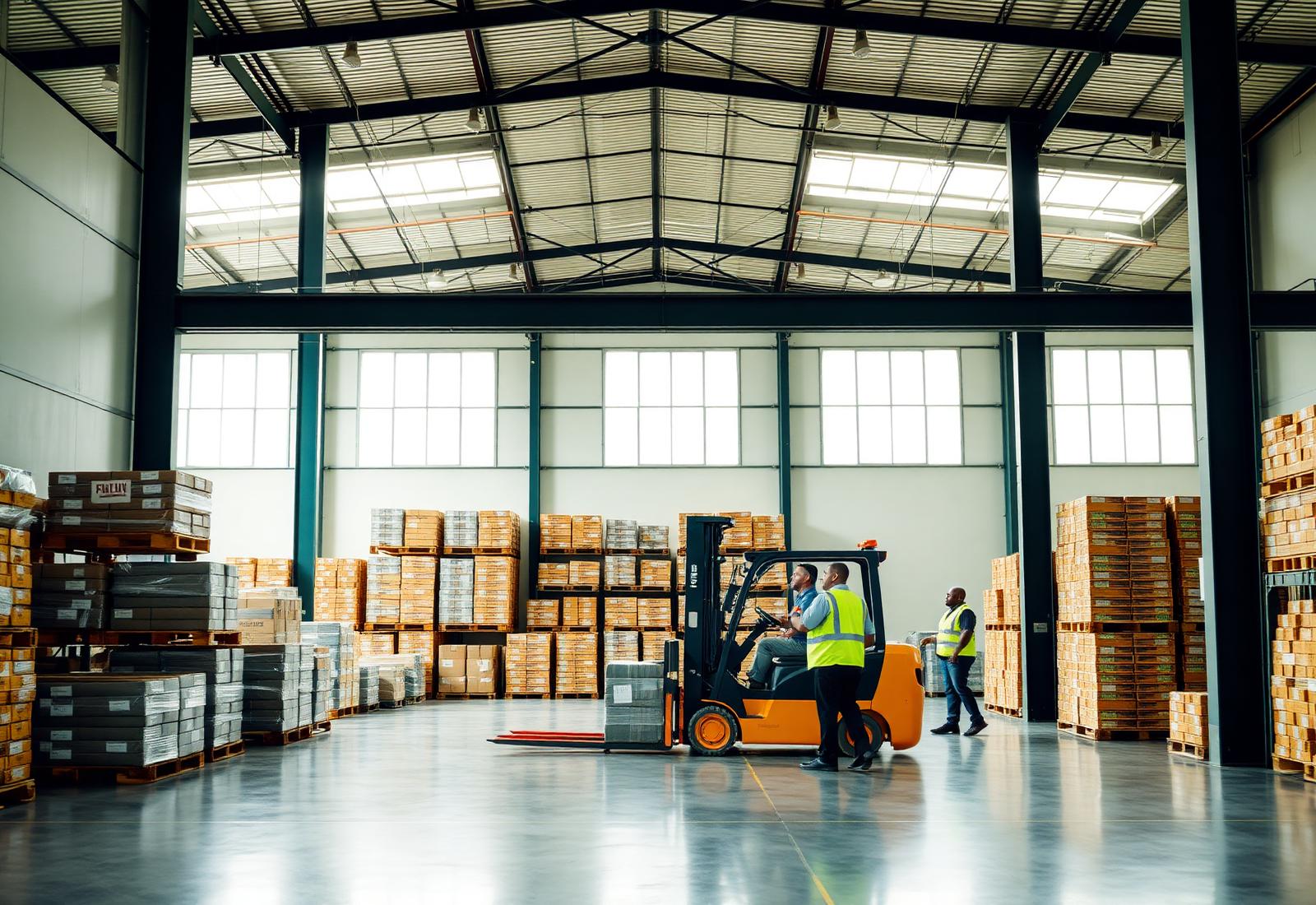 Modern distribution warehouse with palletised goods and forklift